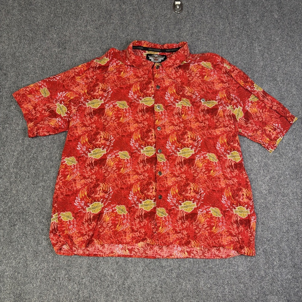 Men's Harley Davidson Button Up Hawaiian Biker Shirt Size 2XL All Over Print